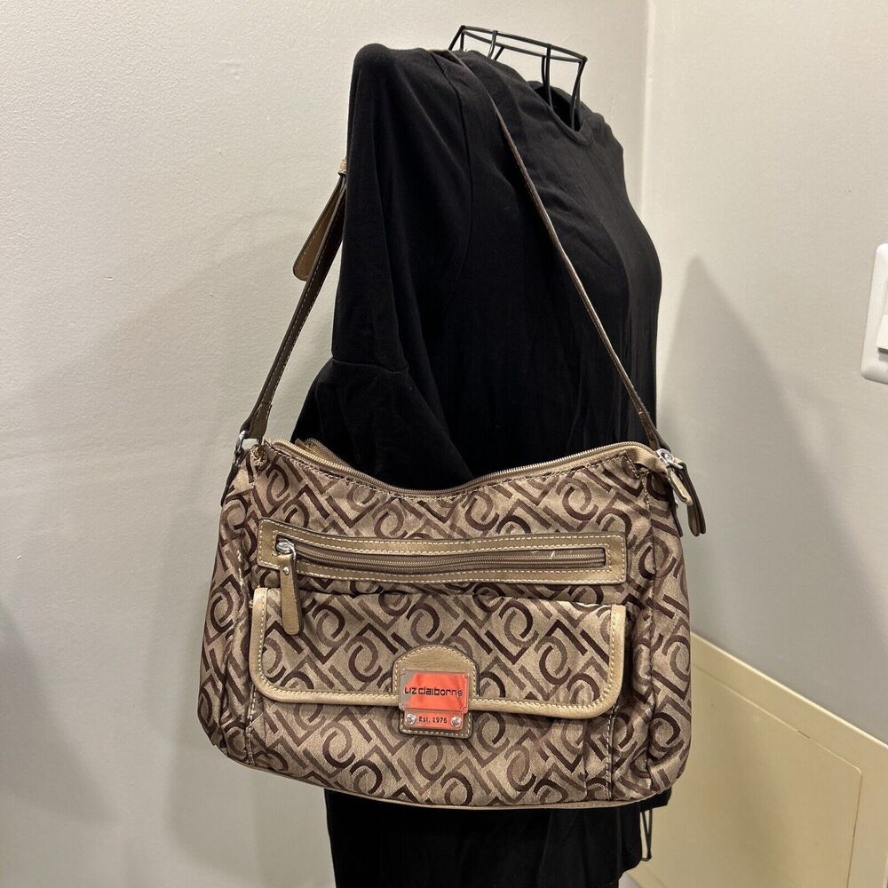 Liz Claiborne printed shoulder small purse hand bag tan beige